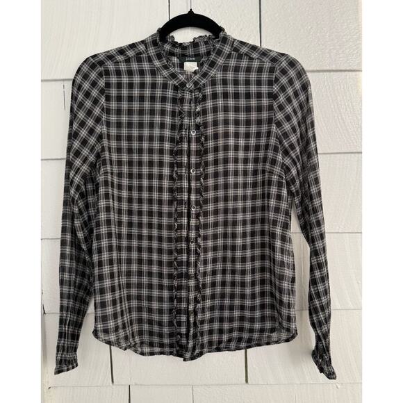 J. Crew Womens 6 Lightweight Plaid Button Front Top Ruffle Trim Academia Preppy - Picture 1 of 6